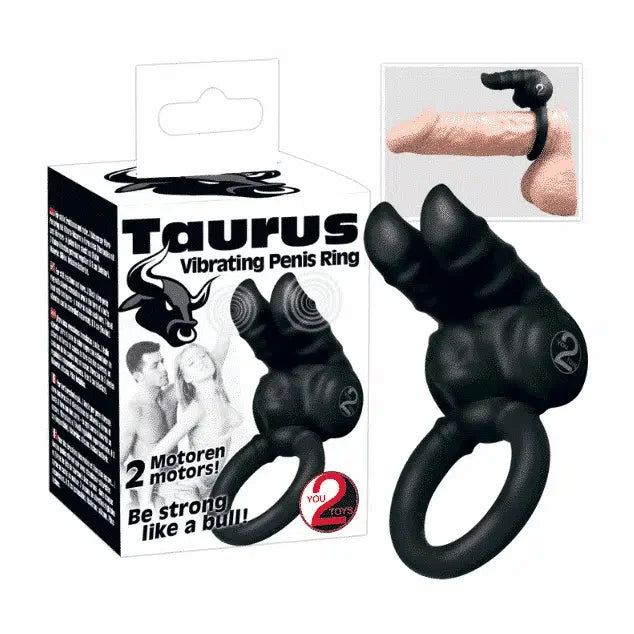 Black vibrating ring with bull design and dual motors, product and packaging shown together.