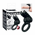 Black vibrating ring with bull design and dual motors, product and packaging shown together.