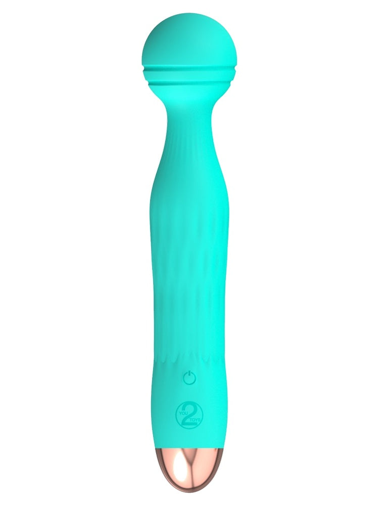 Cuties Minivibrator Grønn 2.0 forfra – mintgrønn minivibrator i silikon med avrundet wand-hode, vridd tekstur og gullfarget base