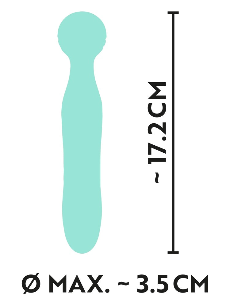 Silhuettillustrasjon med mål – Cuties Minivibrator med total lengde ca. 17,2 cm og diameter ca. 3,5 cm