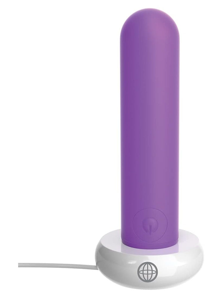 Fantasy For Her Rechargeable Bullet stående i ladestasjon – kompakt lilla vibrator med rund topp og av/på-knapp