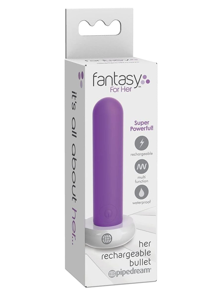 Fantasy For Her Rechargeable Bullet produkteske – emballasje med informasjon om oppladbar, multifunksjonell og vanntett vibrator