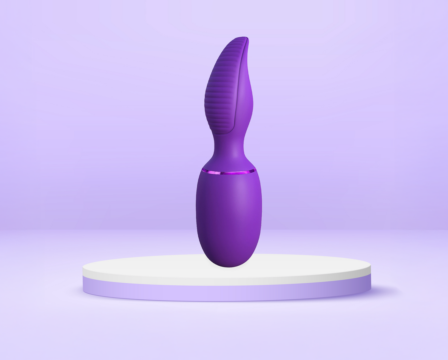 Lilla vibrator i lilla silikon med ergonomisk form på podium