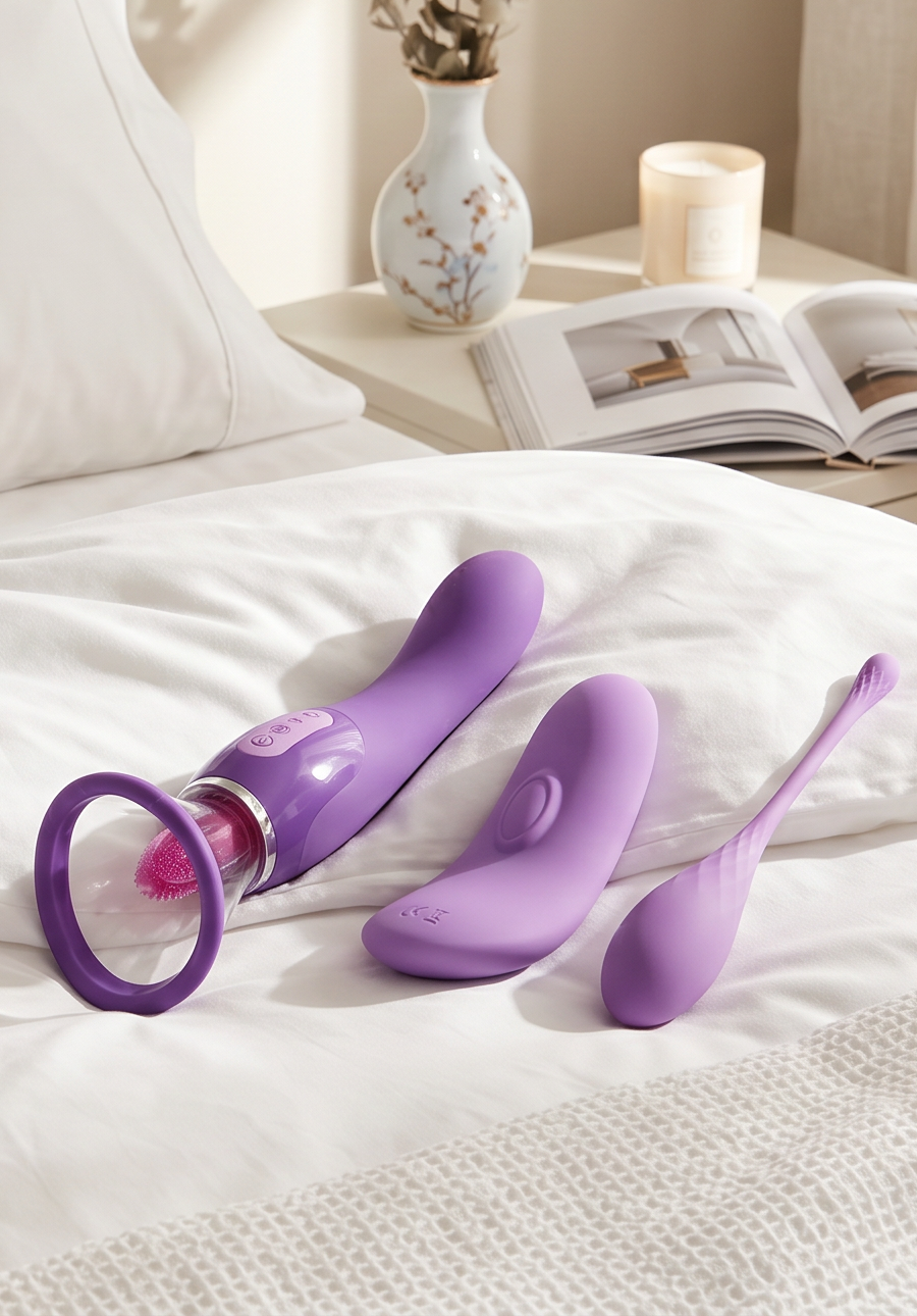 Tre lilla sexleketøy fra Fantasy for Her plassert på en hvit seng i et lyst soverom – inkluderer en vibrator med sugefunksjon, en buet vibrator og sexleketøy for innvendig stimulering.