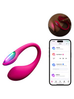 Lovense Lush Mini G-punktvibrator i rosa med fargerik LED-hale, vist med Lovense-appen og hånd som holder produktet i mørket