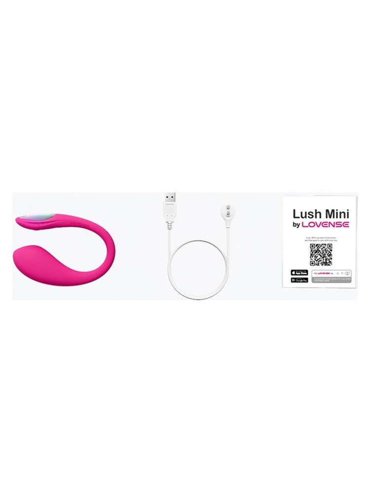 Lovense Lush Mini med komplett innhold: vibrator, USB-ladekabel og bruksanvisning