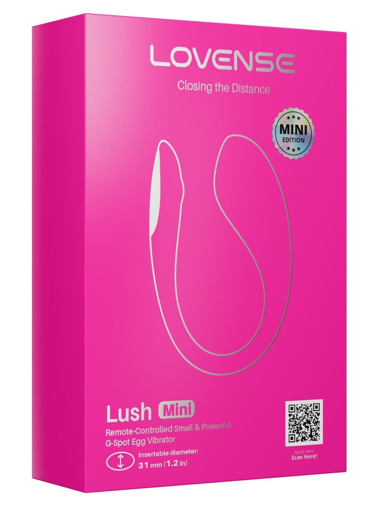 Forsiden av Lovense Lush Mini-emballasjen i rosa med produktnavn, Mini Edition-merke og QR-kode
