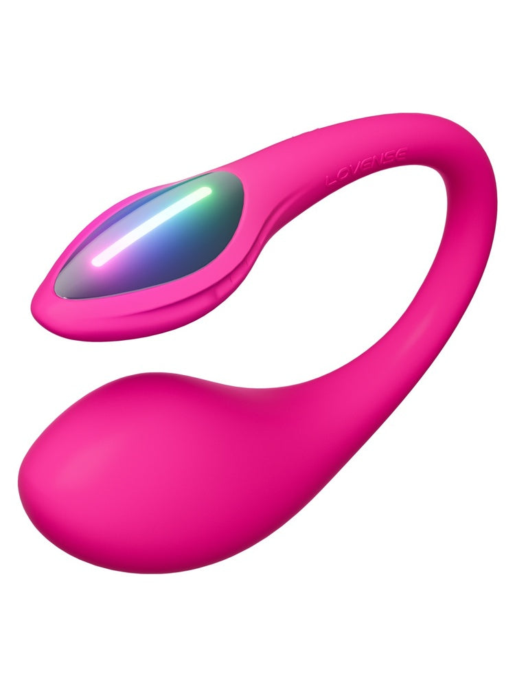 Lovense Lush Mini vibrator i rosa, sett skrått ovenfra, viser S-formet design og fargerik LED-hale