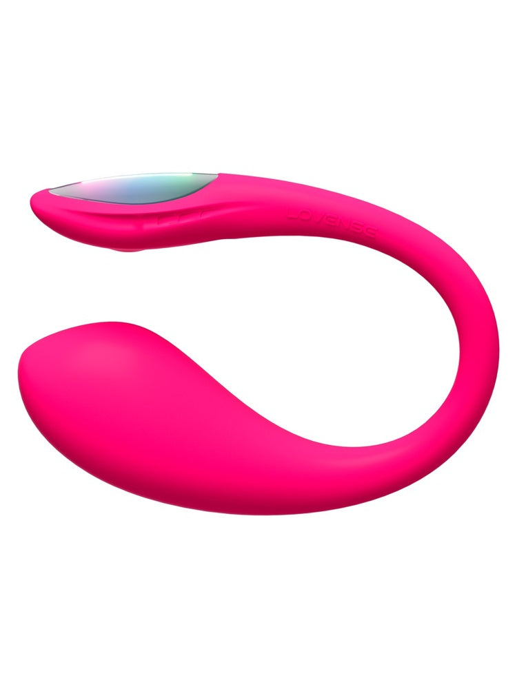 Lovense Lush Mini vibrator i rosa, sett forfra, viser kompakt C-formet design med LED-hale