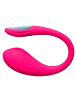 Lovense Lush Mini vibrator i rosa, sett forfra, viser kompakt C-formet design med LED-hale
