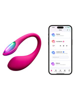 Lovense Lush Mini vibrator med Lovense-appen på smarttelefon, viser fjernstyring og vibrasjonsmønstre