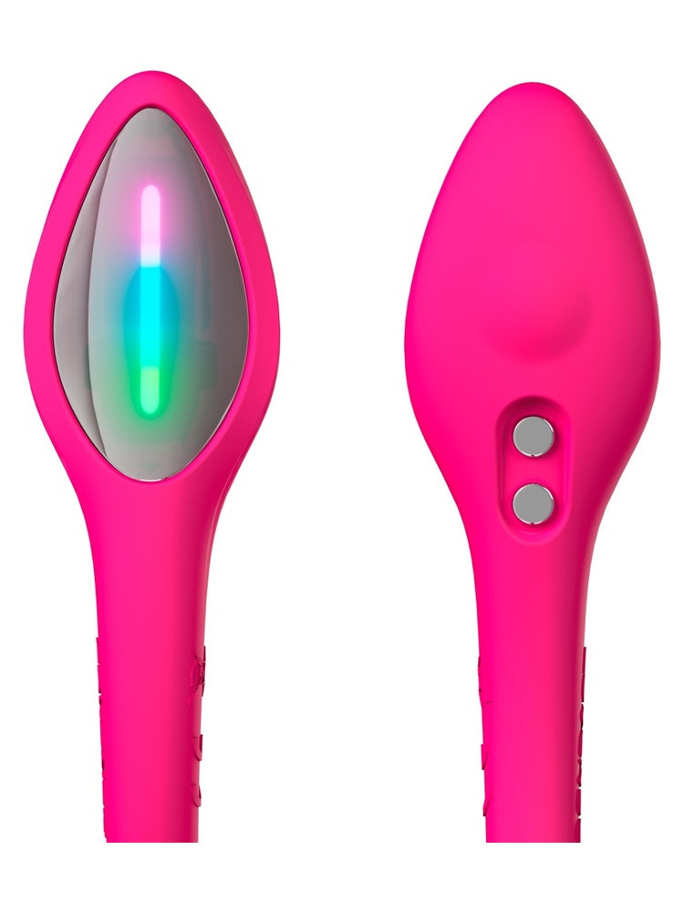 Nærbilde av Lovense Lush Mini LED-hale forfra og bakfra, viser fargerik belysning og magnetiske ladekontakter