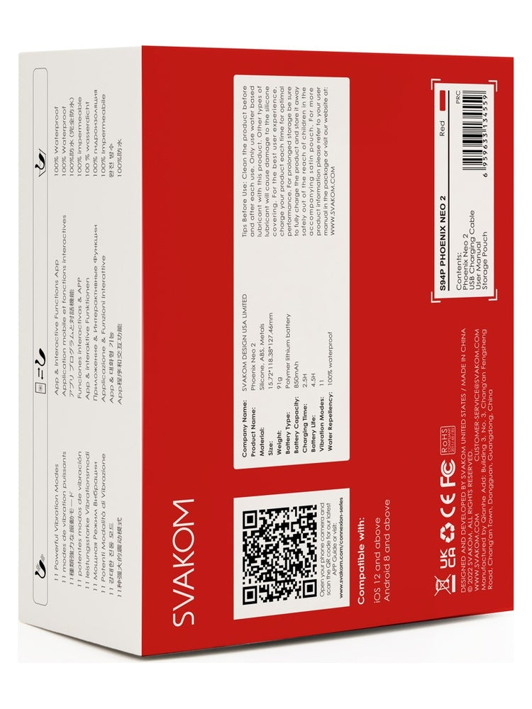 Baksiden av Svakom Phoenix Neo 2-emballasjen med tekniske spesifikasjoner, QR-kode og produktinformasjon