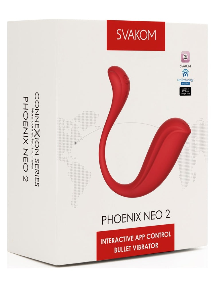 Svakom Phoenix Neo 2-emballasjen sett fra siden med Connexion Series-tekst og informasjon om appstyring
