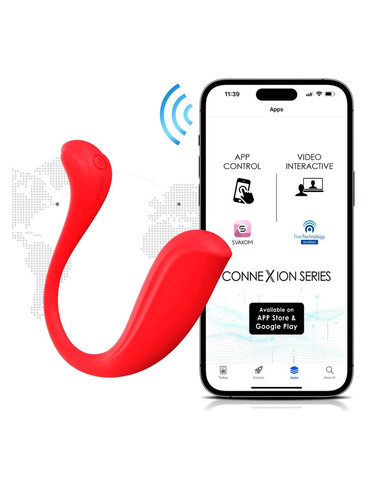 Svakom Phoenix Neo 2 koblet til smarttelefon via SVAKOM-appen, viser appstyring og videointeraktiv funksjon