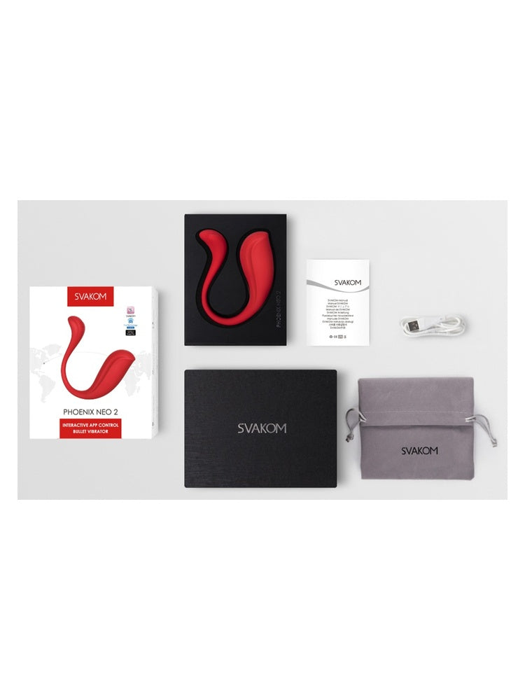 Svakom Phoenix Neo 2 med komplett innhold: eske, vibrator i gaveeske, bruksanvisning, ladekabel og oppbevaringspose