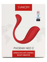 Forsiden av Svakom Phoenix Neo 2-emballasjen, hvit eske med produktbeskrivelse og app-ikoner