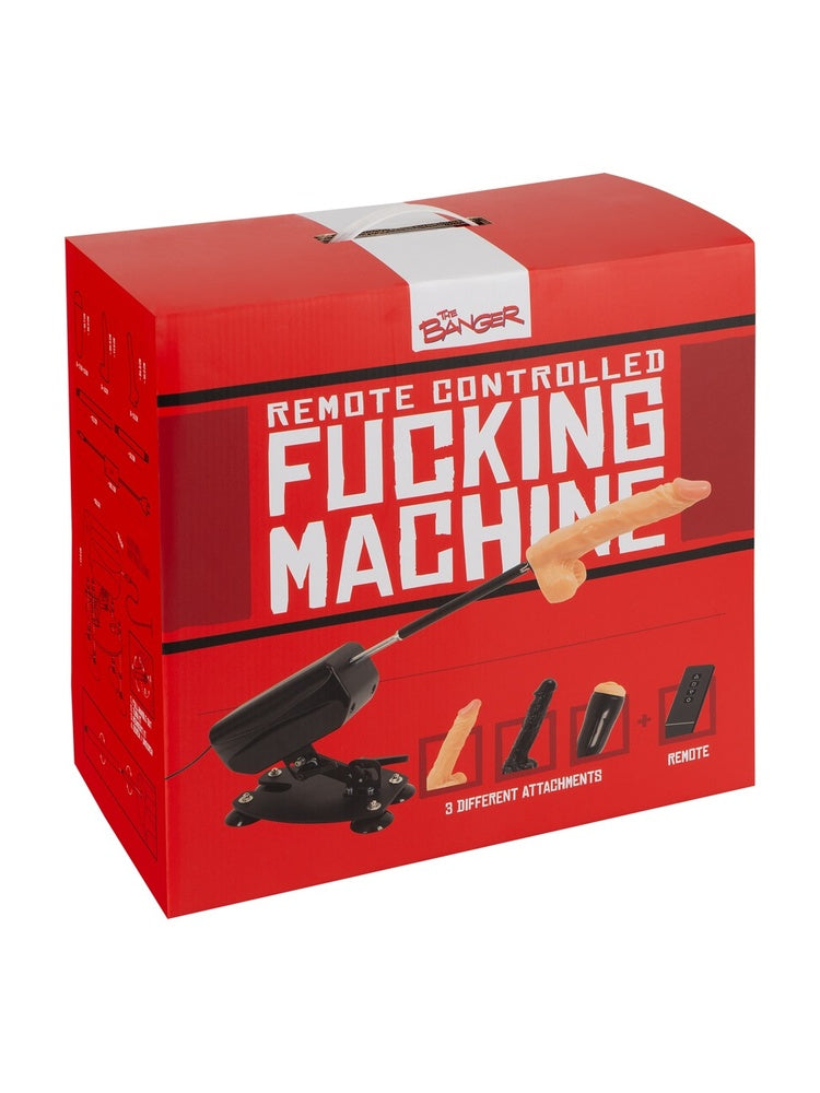 Forsiden av emballasjen til The Banger Remote Controlled Fucking Machine. Rød eske med produktnavn, bilde av enheten og tilbehør illustrert.
