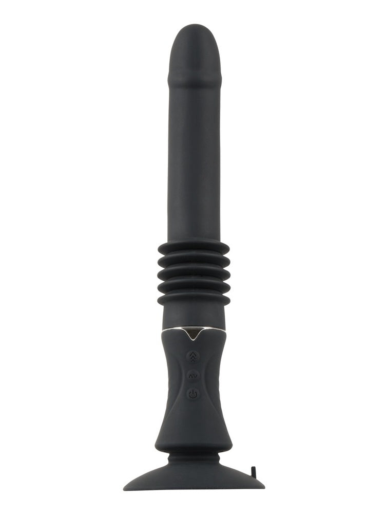 You2Toys portabel sexmaskin sett forfra i utstrakt thrusting-modus. Belgene er tydelig utvidet og viser bevegelsesområdet. Knapper og sugekopp er synlige.
