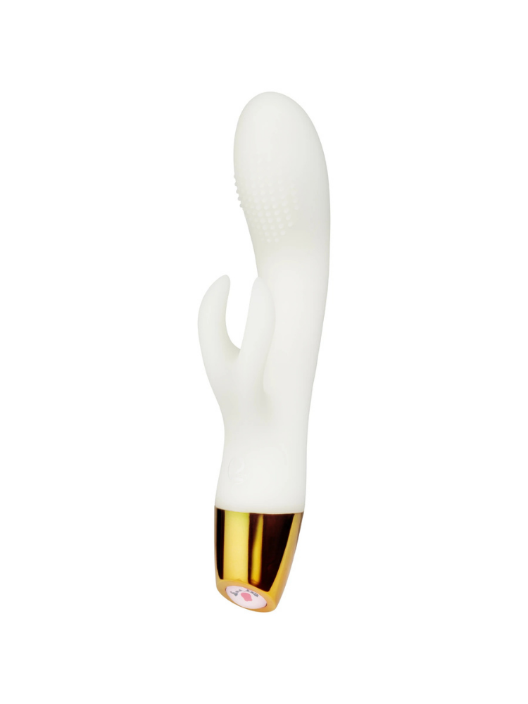 You2Toys Glow in the Dark Rabbit Vibrator fra siden – hvit rabbitvibrator med teksturert skaft, klitorisstimulator og gullfarget base mot lys bakgrunn.