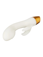 You2Toys Glow in the Dark Rabbit Vibrator liggende fra skrå vinkel – viser den buede formen, teksturert stimuleringsoverflate og gullfarget base.
