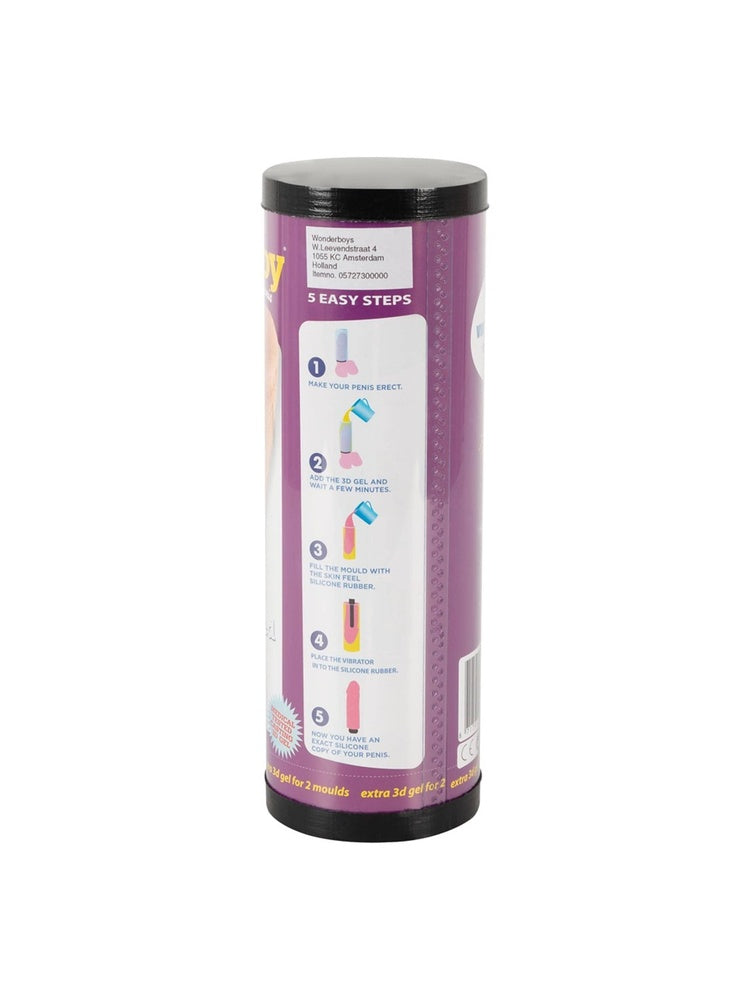 Cloneboy förpackningens sida – lila cylinder med 5-stegs instruktionsguide illustrerad med tecknade ikoner: 1) erigera, 2) häll i 3D-gel, 3) fyll formen med silikon, 4) placera vibratorn, 5) färdig klon.