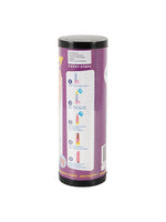 Cloneboy förpackningens sida – lila cylinder med 5-stegs instruktionsguide illustrerad med tecknade ikoner: 1) erigera, 2) häll i 3D-gel, 3) fyll formen med silikon, 4) placera vibratorn, 5) färdig klon.