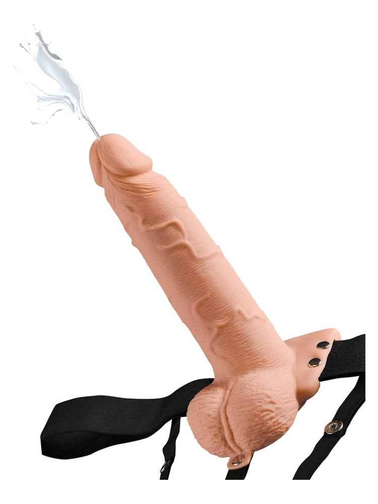 Fetish Fantasy hul sprutedildo strap-on 19 cm – realistisk dildo med testikler og sprutfunksjon på sele