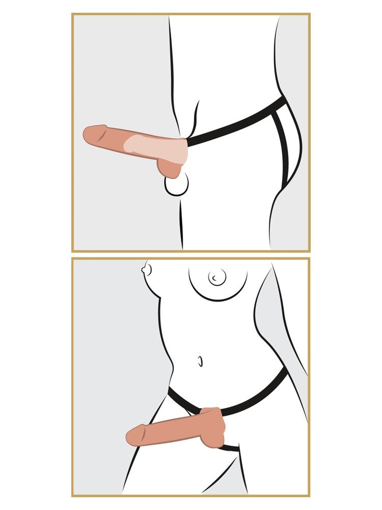 Fetish Fantasy hul sprutedildo strap-on 19 cm – illustrasjon av bruk for både menn og kvinner