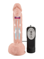 Vibrerende dildo med thrust-funksjon og indre stimulering vist med illustrasjon