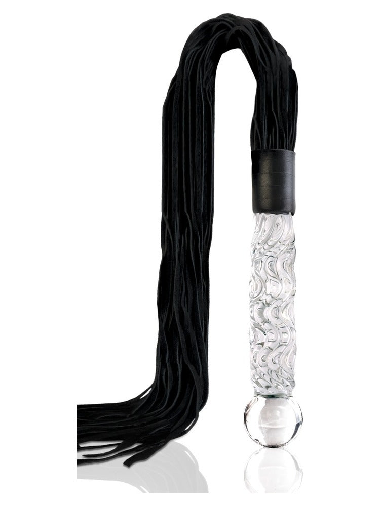 Icicles No 38 – pisk med svarte skinnreimer og håndtak i munnblåst glass som også er glassdildo
