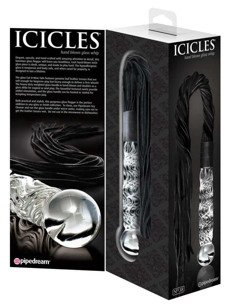 Icicles No 38 – glassdildo og pisk i originalemballasje, sett fra siden