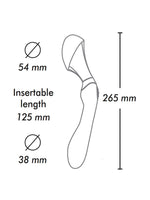 Måldiagram for Shunga Zoa vibrator: total lengde 265 mm, innførbar lengde 125 mm, toppdiameter 54 mm og skaftdiameter 38 mm.