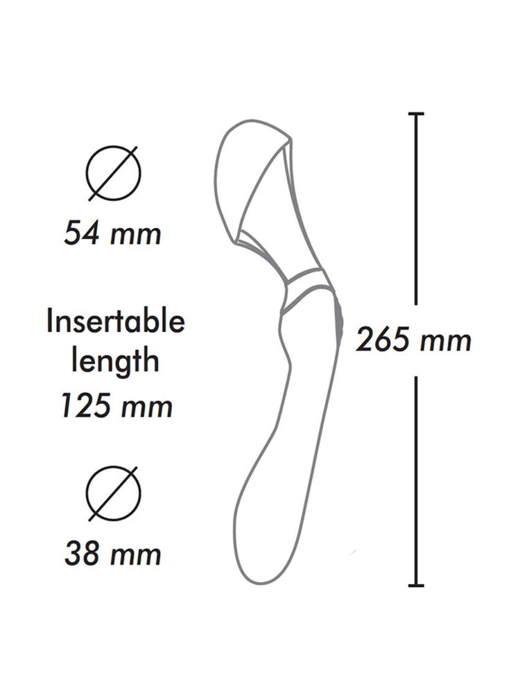 Måldiagram for Shunga Zoa vibrator: total lengde 265 mm, innførbar lengde 125 mm, toppdiameter 54 mm og skaftdiameter 38 mm.
