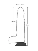 Konturtegning av stor dildo med mål: lengde 26 cm, innførbar lengde 19,5 cm, diameter 5,2 cm.