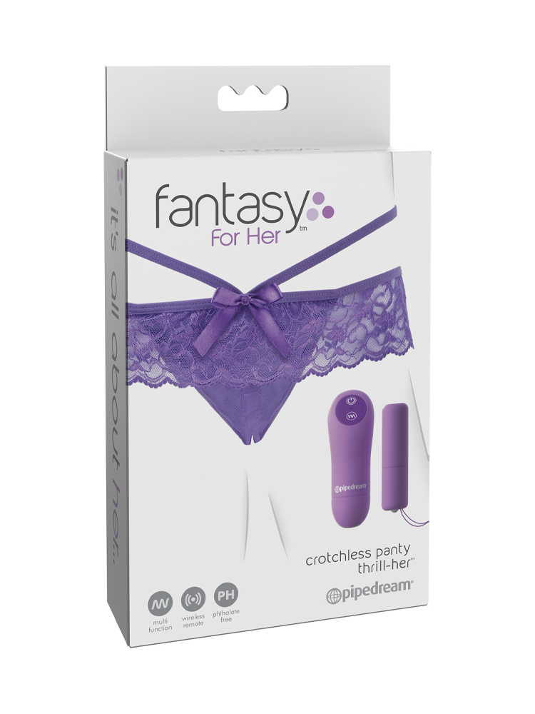 Lilla blondetruse uten skritt og trådløs vibrator på produkteske for sexleketøy.