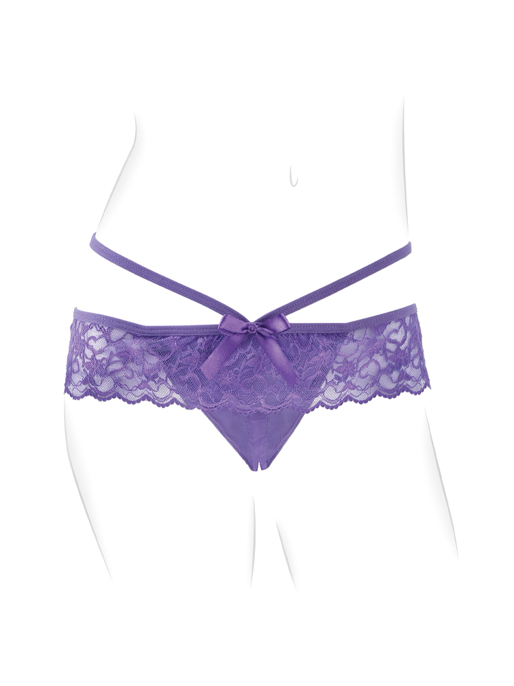 Lilla blonde-truse med sløyfe og smale stropper, sett bakfra, lingerie undertøy