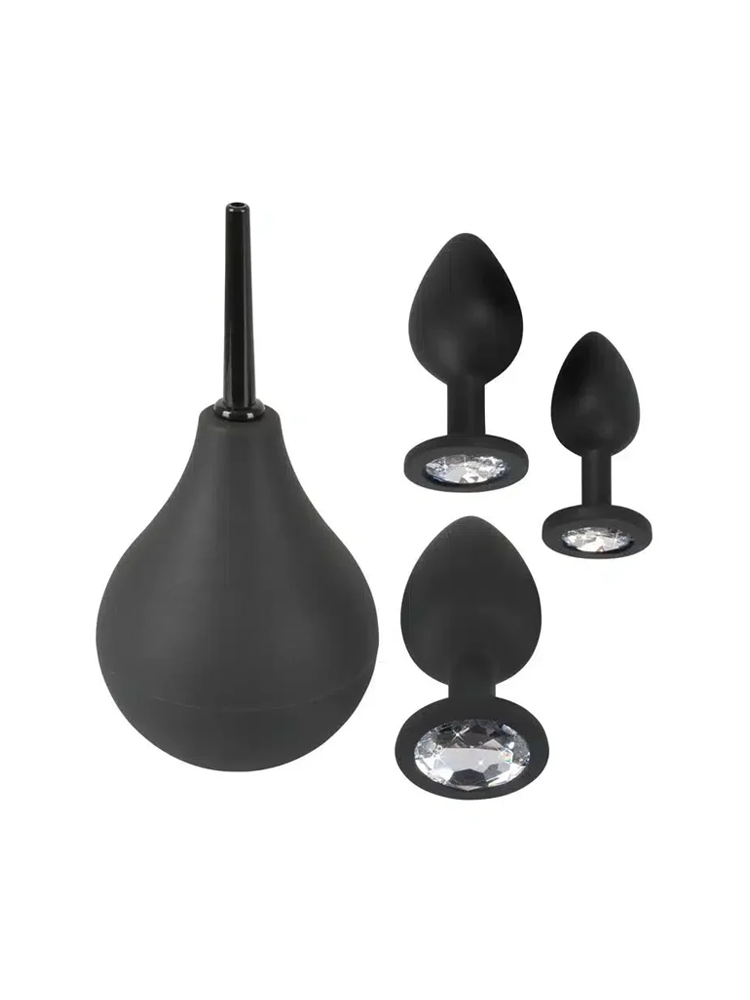 Svart anal dusj og tre anal plugger med smykkedetalj, sexleketøy for voksne.
