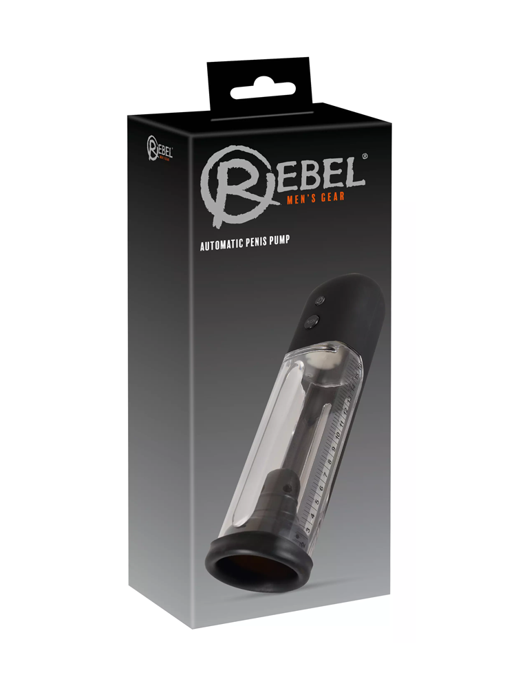 Rebel automatisk penispumpe i svart eske med produktbilde og tydelig logo.
