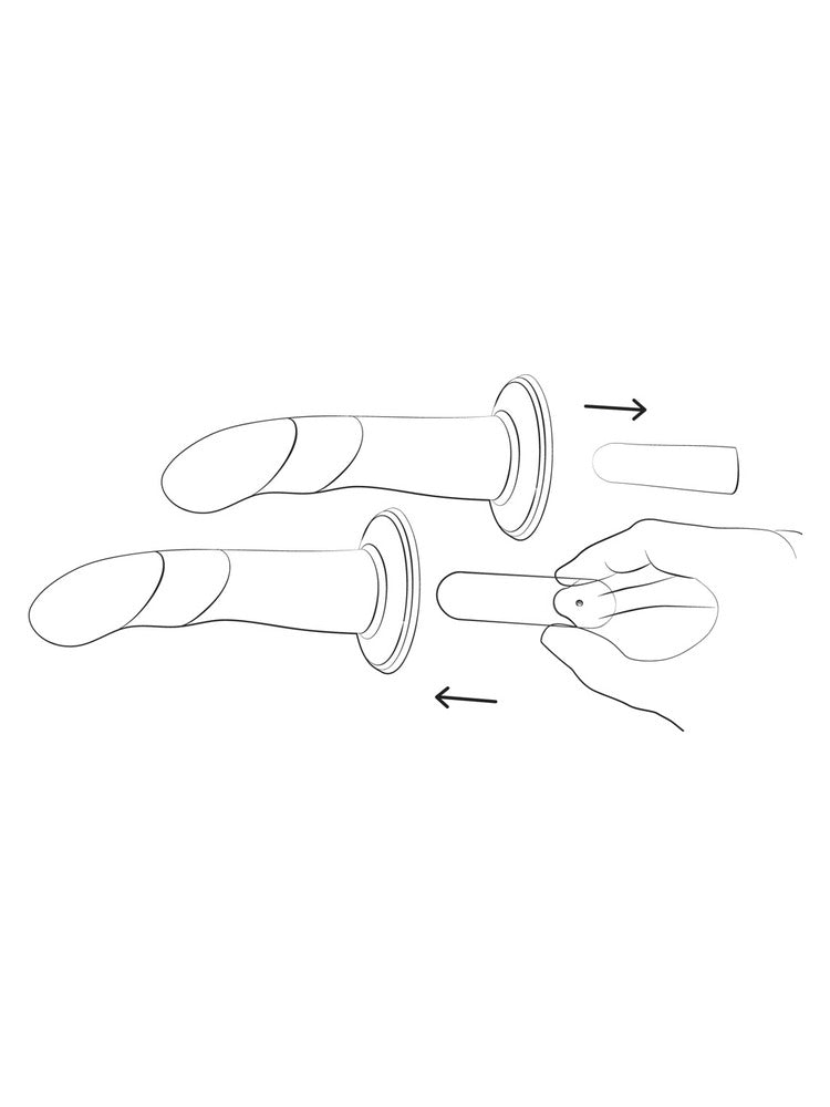 ROMP Piccolo Pegging Kit – illustrasjon av hvordan en bullet-vibrator settes inn i dildoen