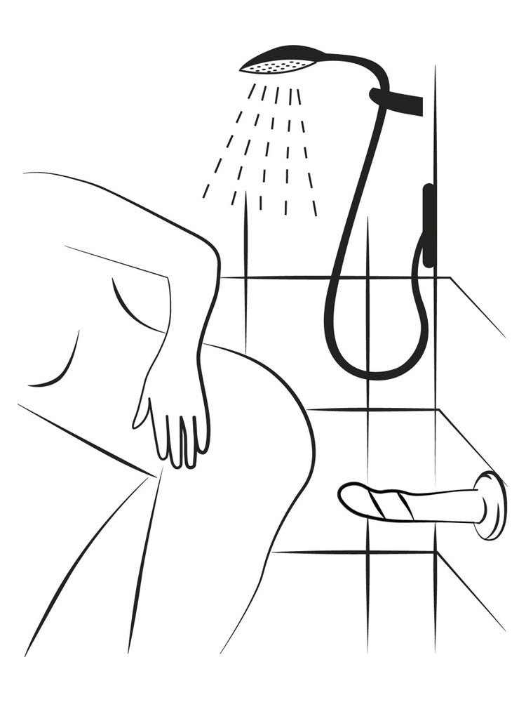 ROMP Piccolo Pegging Kit – illustrasjon av dildoen festet med sugekopp på dusjveggen
