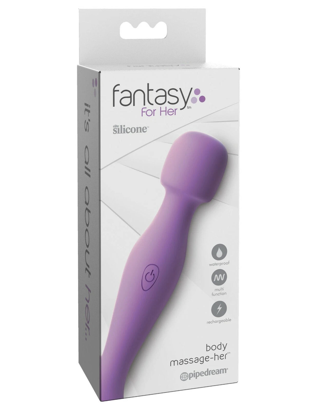 Fantasy For Her Body Massage-Her produkteske – hvit og grå emballasje med "Fantasy for Her"-logo samt ikoner for vanntett, multifunksjon og oppladbar.